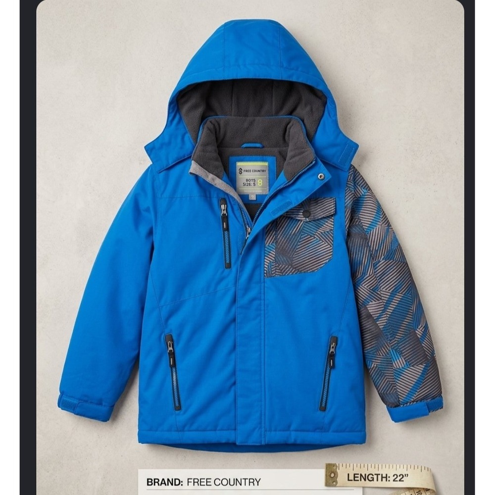 Free Country Boys Blue Geometric Hooded Winter Jacket Fleece Lined Size L 14/16